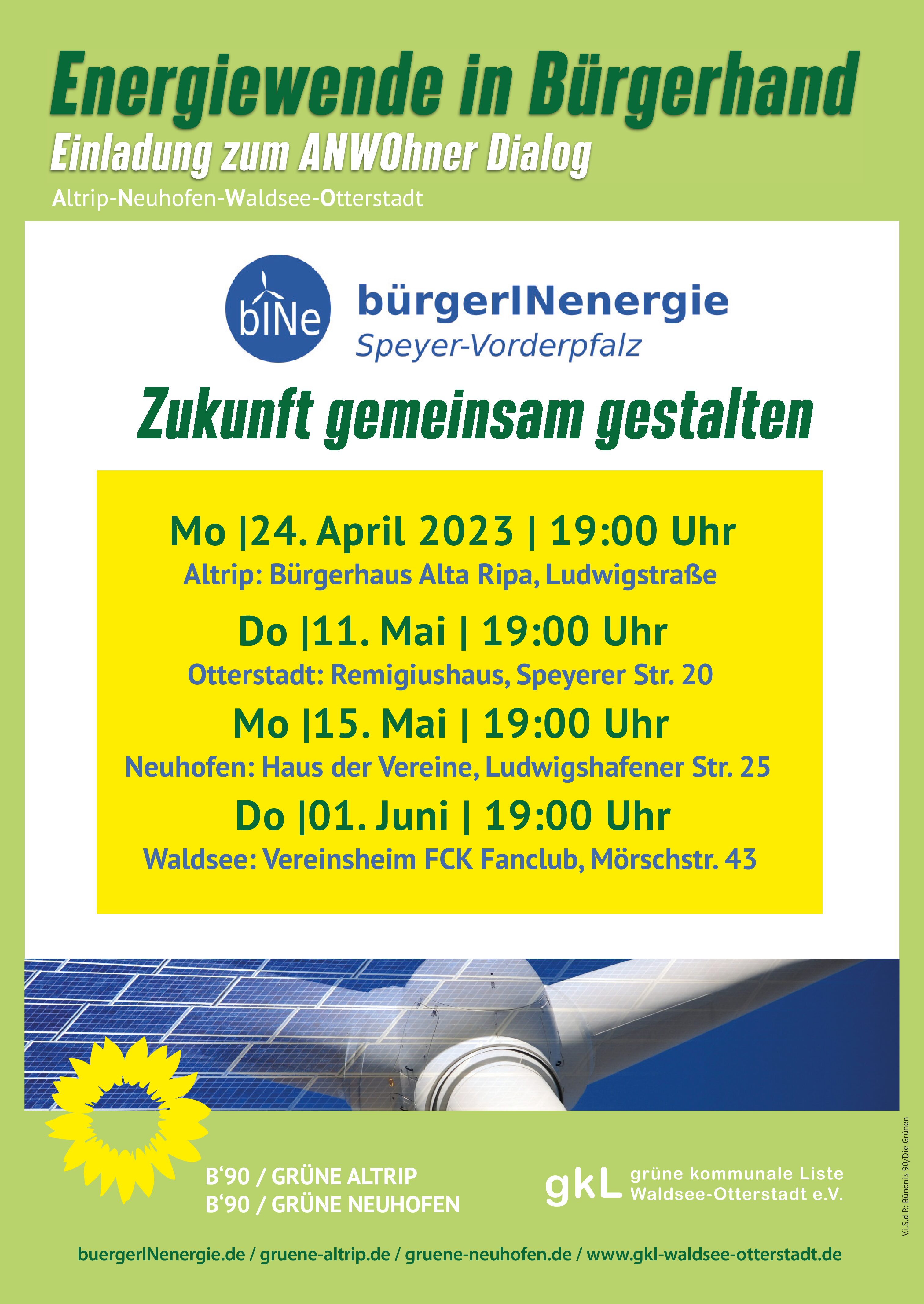 Energiewende in Bürgerhand – Einladung zum ANWOhner Dialog VG Rheinauen am 15. Mai um 19 Uhr