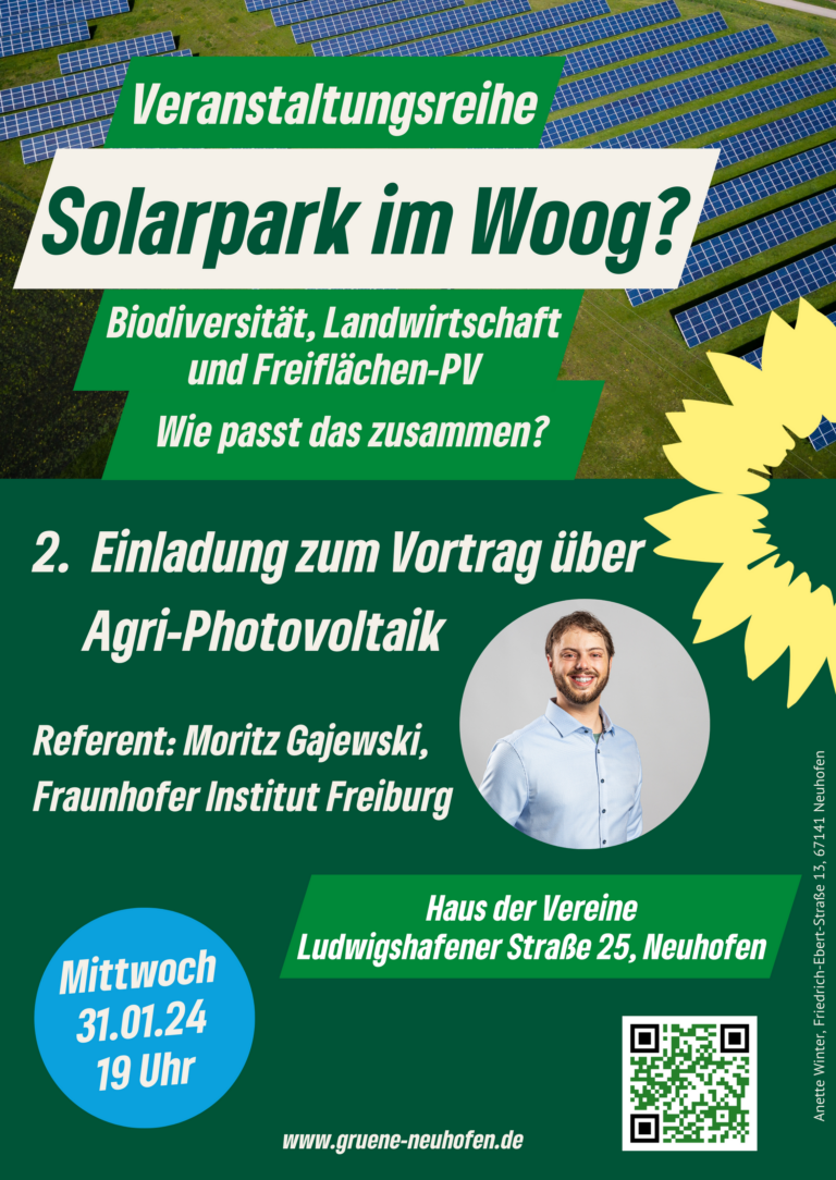 2. Teil der Veranstaltungsreihe: Solarpark im Woog? – Vortrag mit Moritz Gajewski vom Fraunhofer Institut Freiburg